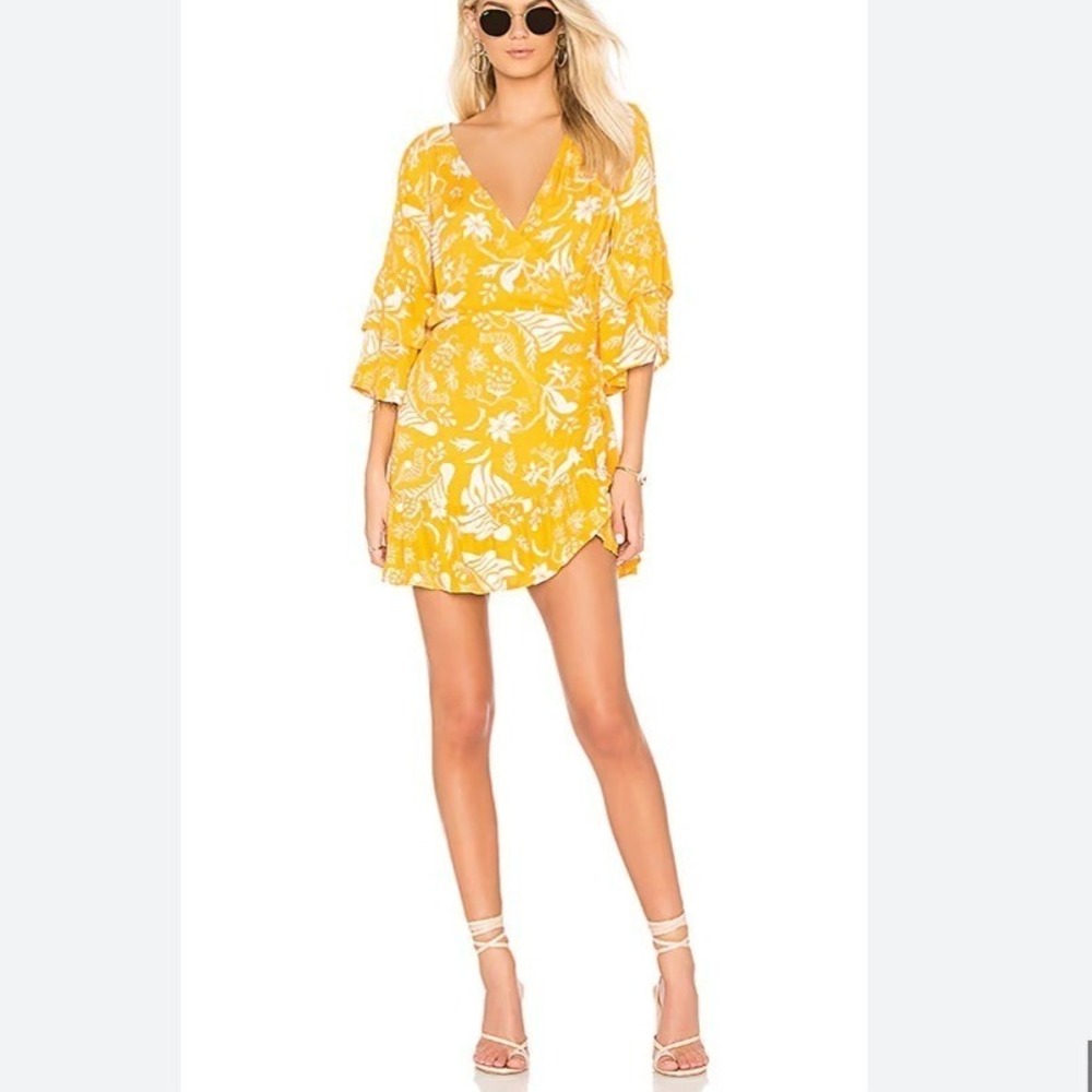 Cleobella  X REVOLVE Bonita  | XS | Yellow Floral Wrap Mini Dress Flutter Sleeve